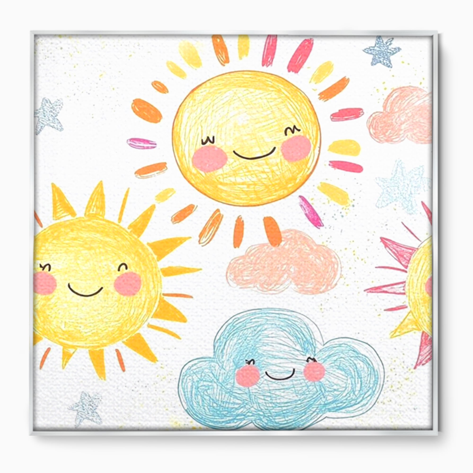 Tablou canvas cu ilustratie cu soori zambitori si nori, in rama de aluminiu argintiu